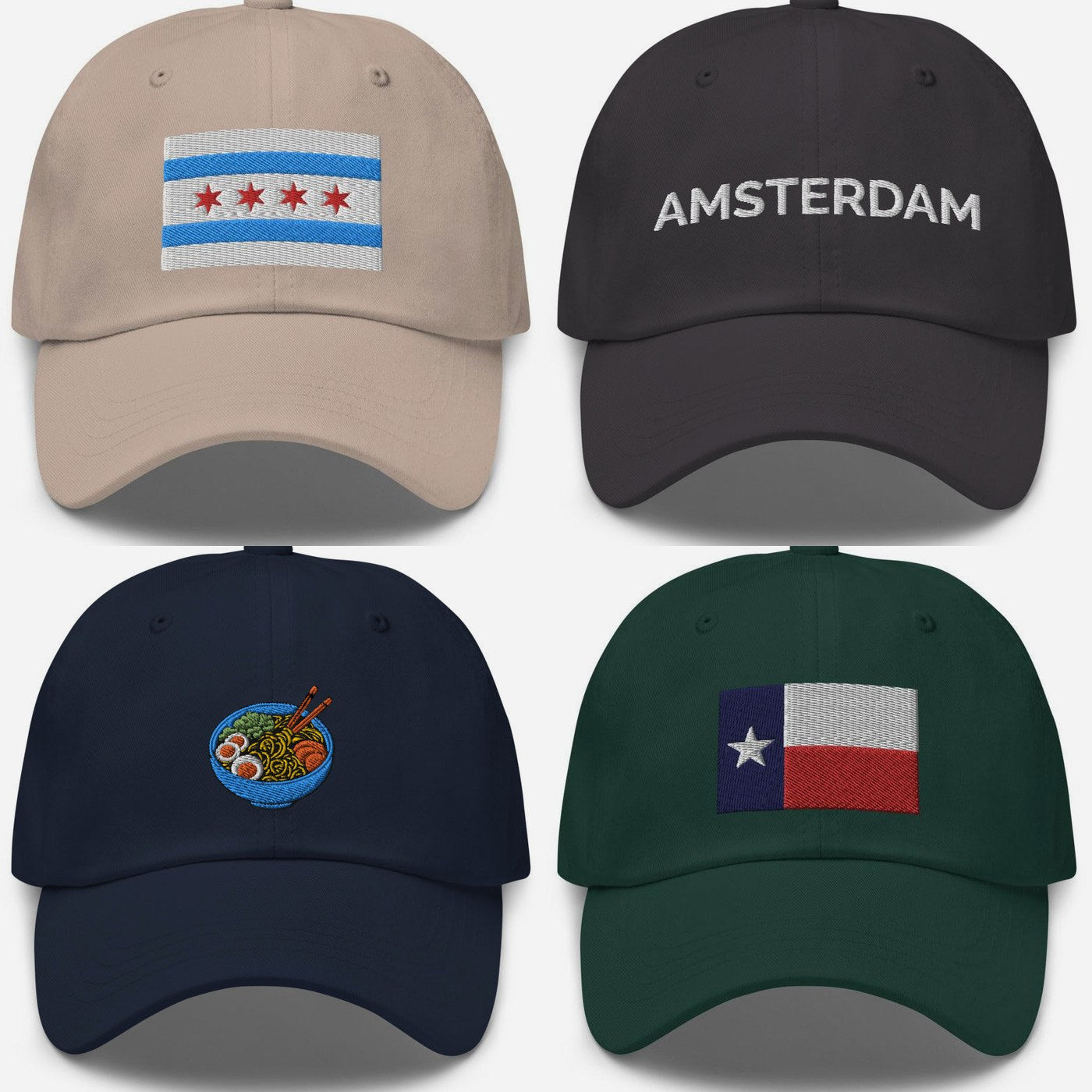 Four embroidered NicheMerch dad hats: Chicago flag, Amsterdam, ramen, and Texas flag designs
