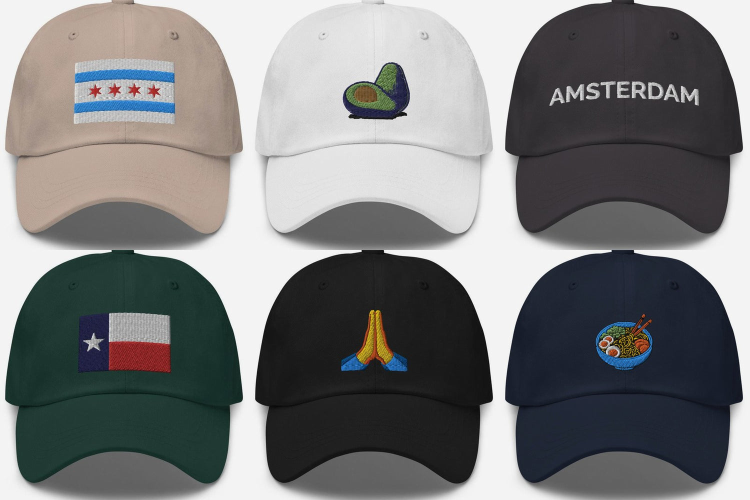 Six embroidered NicheMerch dad hats: Chicago flag, avocado, Amsterdam, Texas flag, folded hands emoji, and ramen designs